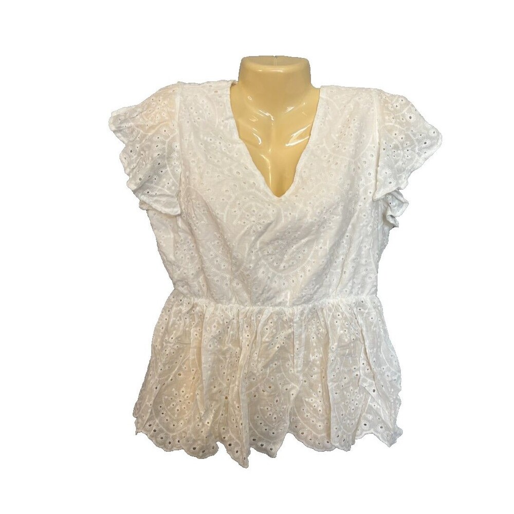 Bloomchic 10 M Solid Ruffles Scalloped Trim Laser Cut Blouse White - Picture 6 of 11